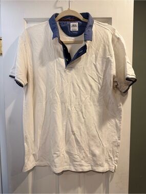 ZARA Cream Polo with Navy Contrast Collar mens size XL